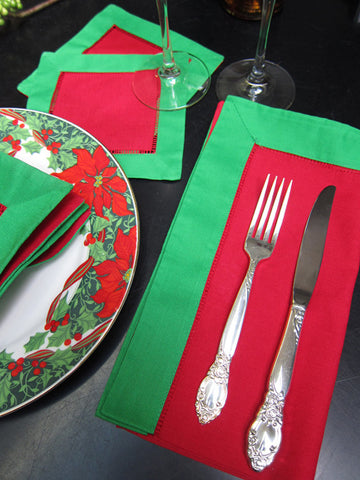 Red with Green Border Hemstitch Napkin 18" Inch