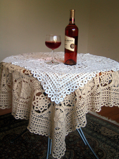 Crochet Lace Table Topper 34 Inch Square White