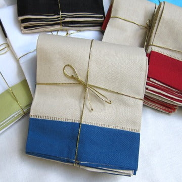 Beige Marine Blue Border Hemstitch Guest Towel