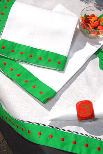 Green Border/Red Swiss Dots Hemstitch Guest Towels